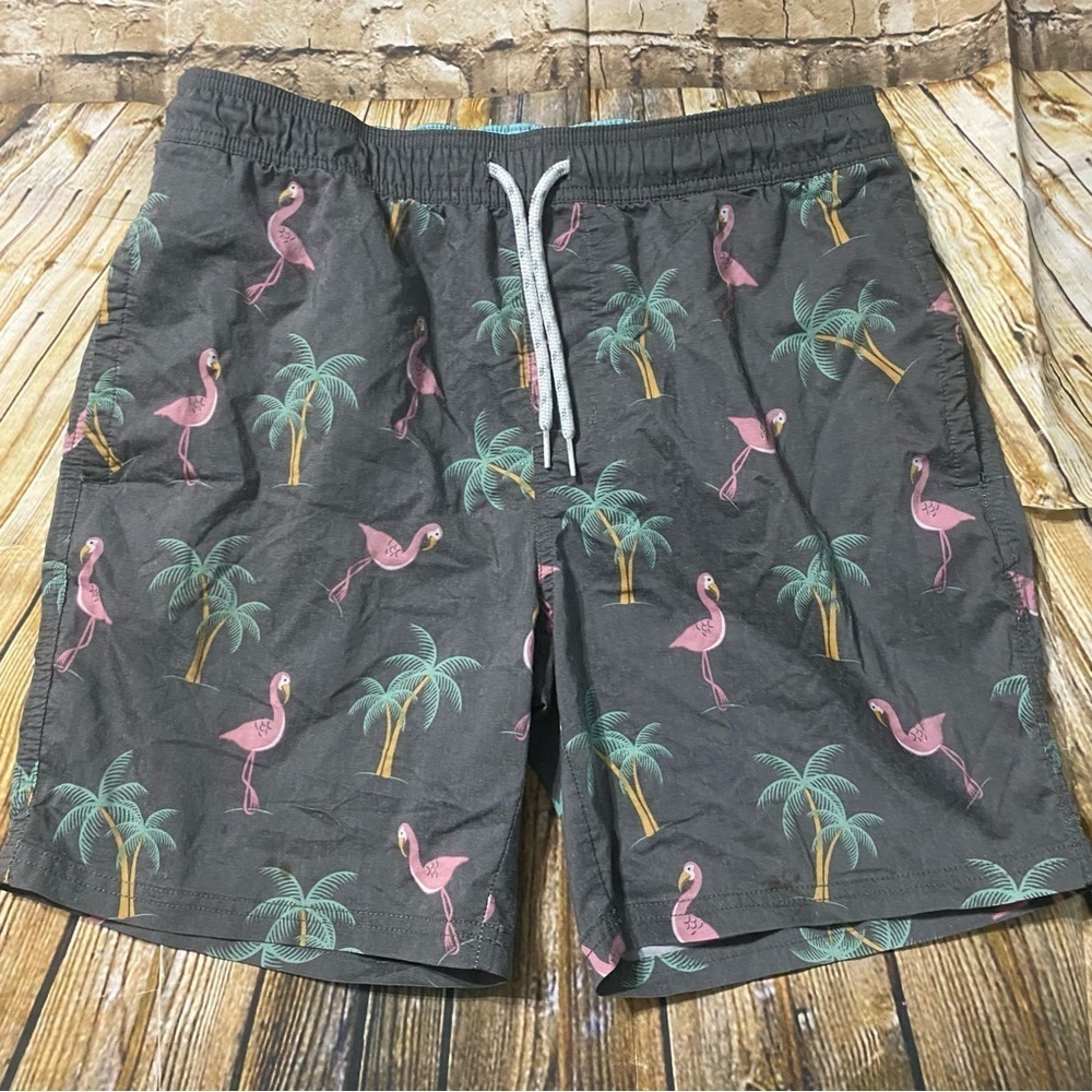 Goodfellow Gray Flamingo Hawaiian Print Brief Lined Swim Trunks